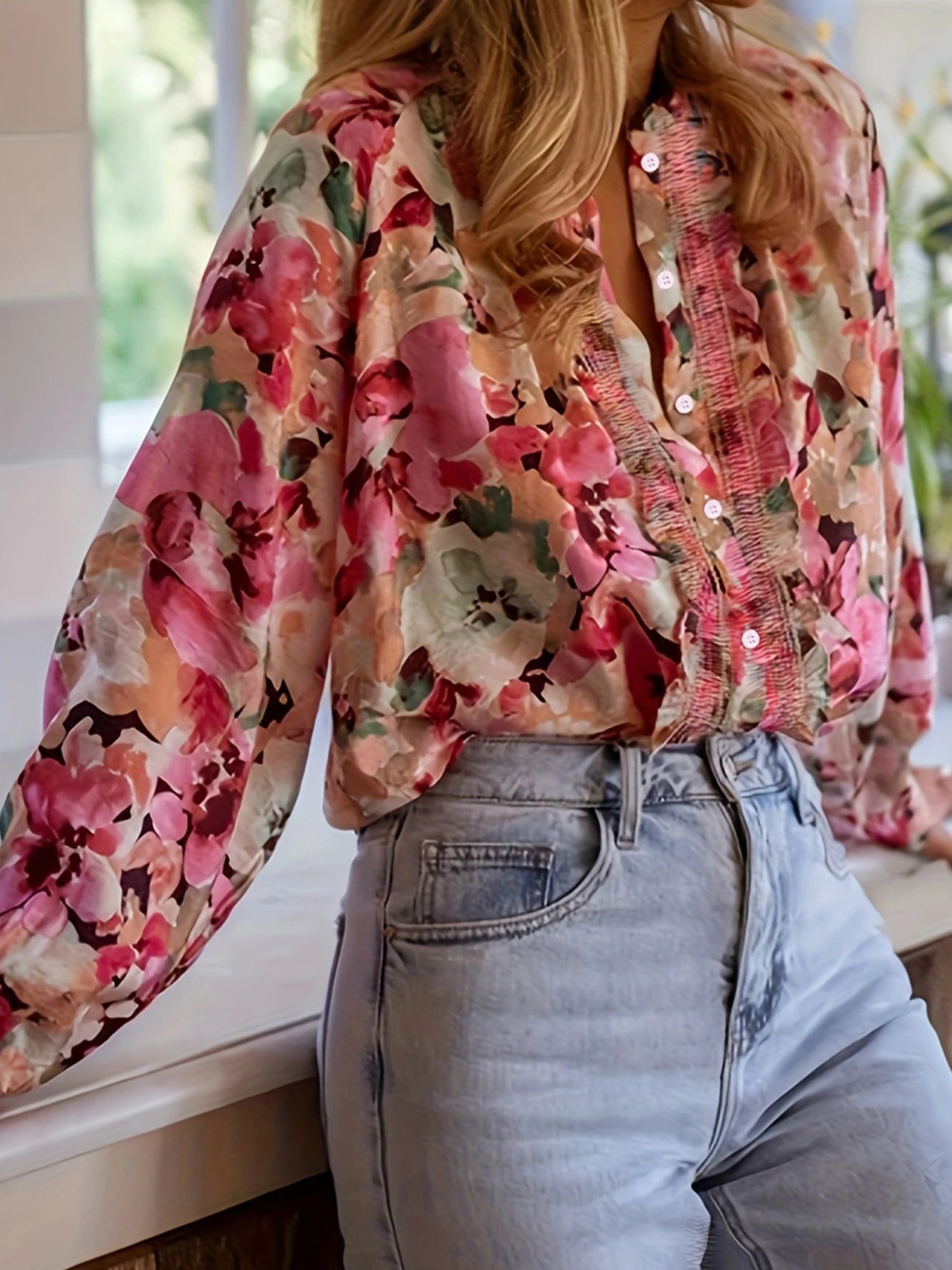 Floral Ruffle Button Blouse